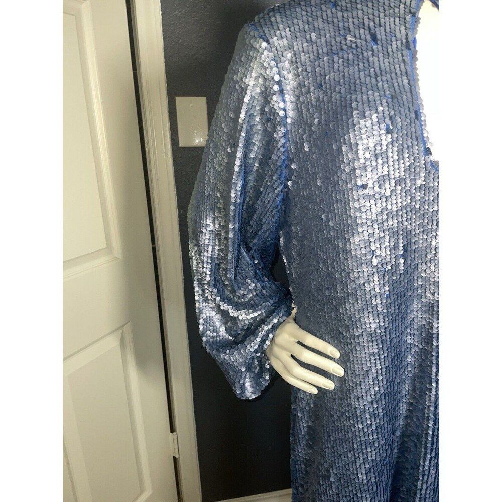 Boohoo Sequin High Neck Cut Out Smock Dress Size 10 Blue Sparkly Mini - Picture 4 of 12